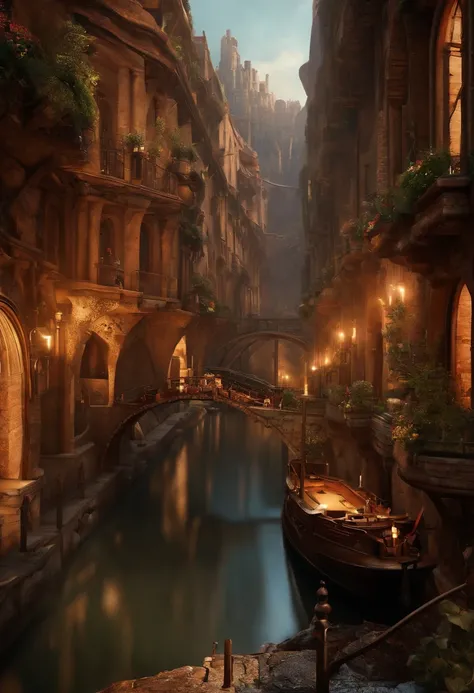 ((masterpiece)),((best quality)),((high detial)),((realistic,)) Industrial age city, deep canyons in the middle, architectural streets, bazaars, Bridges, rainy days, steampunk, European architecture