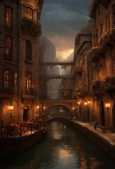 ((masterpiece)),((best quality)),((high detial)),((realistic,)) Industrial age city, deep canyons in the middle, architectural streets, bazaars, Bridges, rainy days, steampunk, European architecture