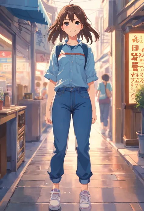 (best quality, high-res, photo-realistic:1.2), ultra-detailed, portrait, denim pants, athletic sneakers, adorable, genki girl, smiling, long hair, Qi bangs, super-fine rendering