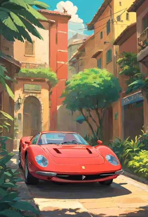 Ferrari F8 estacionado en un camino de tierra cerca de palmeras, Hermoso arte retro, in digital illustration style, stunning art style, stylized digital illustration, detailed digital illustration, Arte de pintura de dibujos animados digitales, Estilo de a...