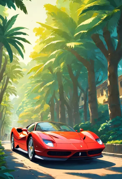 Ferrari F8 estacionado en un camino de tierra cerca de palmeras, Hermoso arte retro, in digital illustration style, stunning art style, stylized digital illustration, detailed digital illustration, Arte de pintura de dibujos animados digitales, Estilo de a...