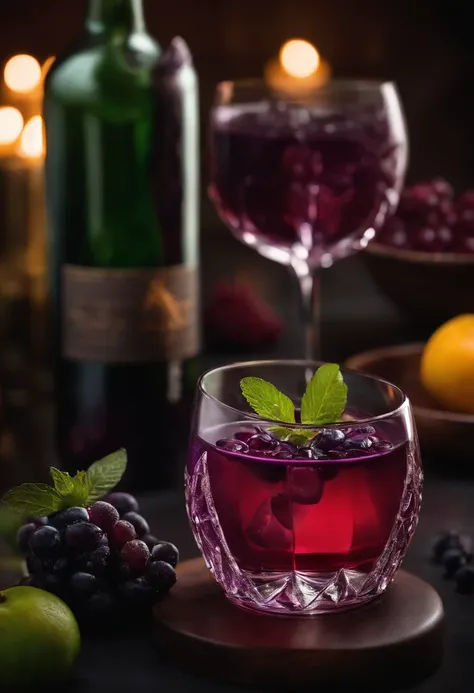 a glass with purple juice, with pieces of purple fruit, folhar verdes dos lados