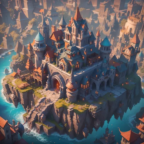 ((Best quality)) , ((Masterpiece)) , (Detailed) , (Artgerm inspired:1.2) , （Floating castle:1.3），(Isometric 3D art of the Pumice Castle:1.2),Mana Floating Island, Floating city in the sky, （Colored clouds:1.2） Fantasy City, fantasy cityscape, fantasy capit...