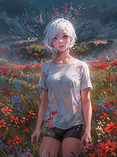 1woman, short white hair, blue left eye, red right eye, beautiful detailed eyes and face, extremely detailed eyes and face, long eyelashes, wearing a wet semi-transparent shirt, yoga shorts, hands behind back, standing in a meadow, best quality, 8K resolut...