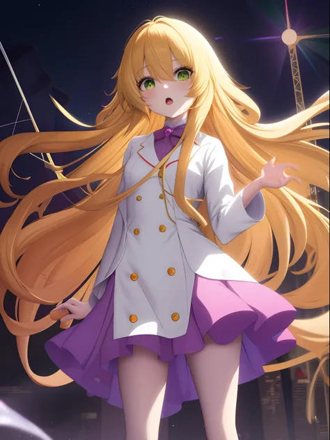 Anime Chorus of the Prisms - Girl, petite, long golden hair, cream-colored eyes, green-orange dress, torn lab coat, purple stockings, standing on a high-rise building in one of the destroyed land cities, is a "quantum ghost"