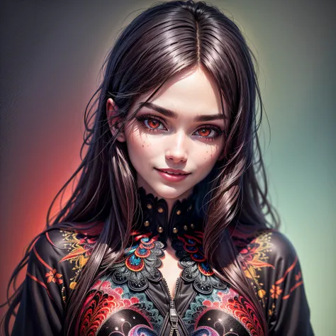 vampire red eyes, sadistic smile, short skirt, sweatshirt, black hair with red locks masterpiece, best quality), intricate details, (best quality)), ((masterpiece)), ((realistic)), (hyperrealism:1.2), (fractal art:1.2)extremely detailed eyes, colorful, mor...