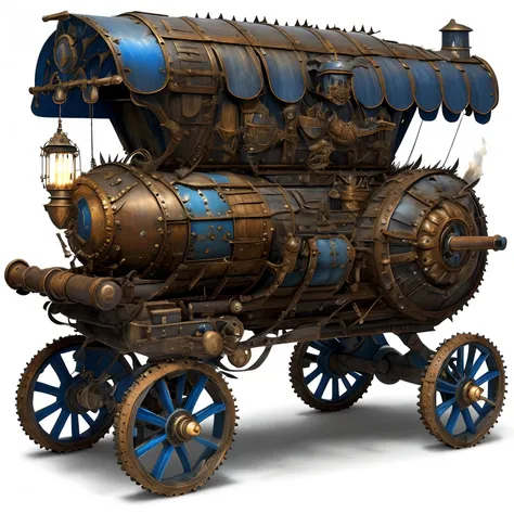 RPG Model , GasLampFantasyAI , An unusual blue armored wagon on a steam engine , The wagon is on the road , Its wheels with spikes are visible , the barrels of the guns are visible sticking out of the sides of the wagon hull;  , Front light.