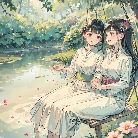 (best quality,highres:1.2),ultra-detailed,realistic,professional,portrait,beautiful,detailed,girls,holding hands,swing,flower-filled,scenic,garden,serene atmosphere,lush greenery,soft sunlight,delicate petals,vibrant colors,freshness,playful,joyful express...