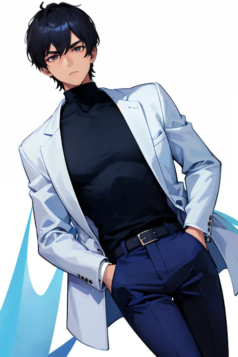 1boy, male, cool boy, black hair, dark brown eyes,  blue pants,  blue turtleneck, white background, hands on pockets, looking down on you, handsome boy, white jacket, blue turtleneck, white background, 1male, serious, looking down on you, dominant aura