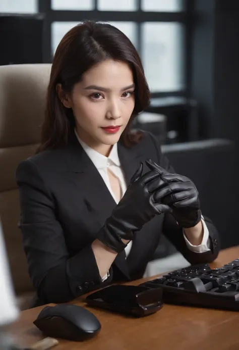 Wearing black leather gloves on both hands, Upper body, Black business suit, Facing the desk in my room with a computer in the dark, Tapping the keys on the computer keyboard with the fingertips of black leather gloves while looking at the screen, Black ha...