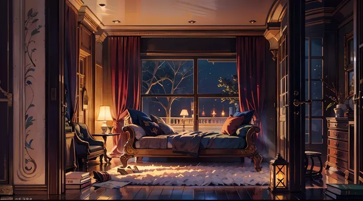 a lot of details, 8K, fentezi, Without people, Magic, Room, cozily, minimalist, darkly, the night, big windows