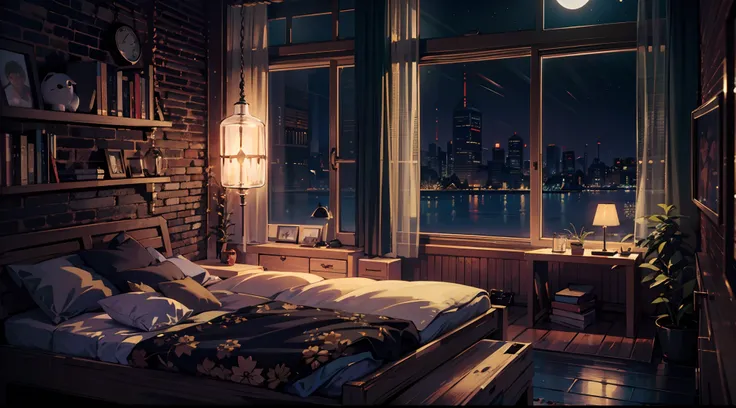 a lot of details, 8K, fentezi, Without people, Magic, Room, cozily, minimalist, darkly, the night, big windows