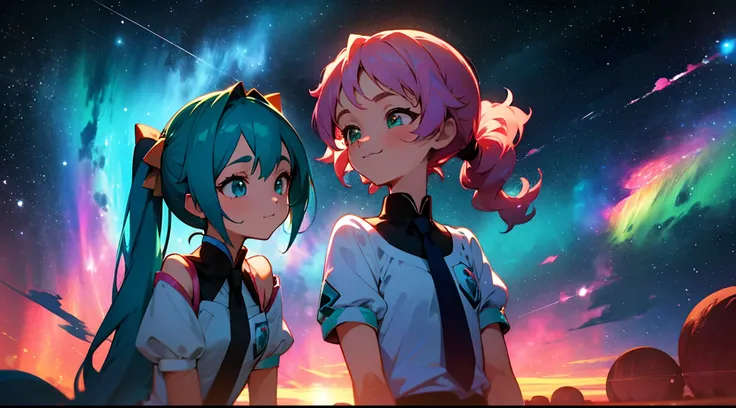 ((colourful, As detailed as possible)), Two Anime Friends, sitting side by side and looking at the camera against the night sky, Two friends, 2 d anime style, flat anime style, in anime style, the anime, anime stylized, glass hair, Glowing Hair, portraite ...