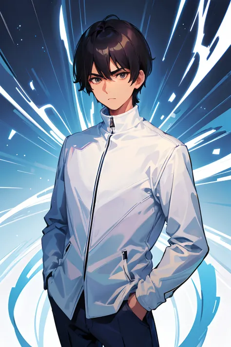 1boy, male, cool boy, black hair, dark brown eyes,  blue pants,  blue turtleneck, white background, hands on pockets, looking down on you, handsome boy, white jacket, blue turtleneck, white background, 1male, serious, looking down on you, dominant aura