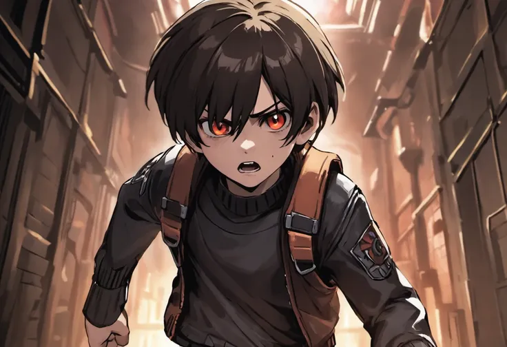 Leon S. Kennedy 9 year old running inside the house with a look of fear, black hair, the screen a little far away