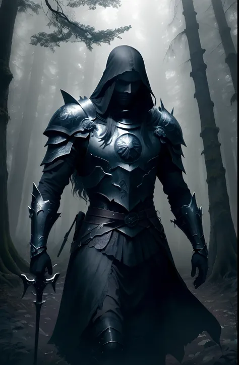 (best quality,4k,masterpiece:1.2),man standing in a dark forest,knights armor,detailed sword,dark fantasy,haunting atmosphere,ominous shadows,ethereal glow,ancient trees,thick mist,mysterious figures,moonlit sky,whispering winds,creepy ambiance,highly text...