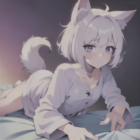 High quality, 1girl, ((((Candy Candy anime style)))), (wolf girl, wolf ears, wolf tail), animal ears, animal tail, ((((short hair)))), ((silver white hair)), hair clip, ((hair tap eye)), ((blue eyes)), long eyeslashes, eyeliner, (((small breasts, old pijam...