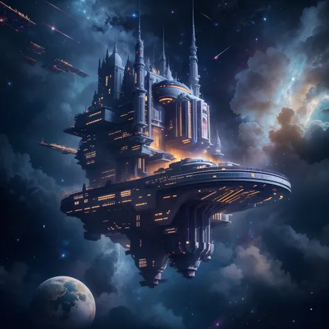 Interstellar，Interstellar voyage，Huge high-tech floating castle，futuristic space station，Background void starry sky