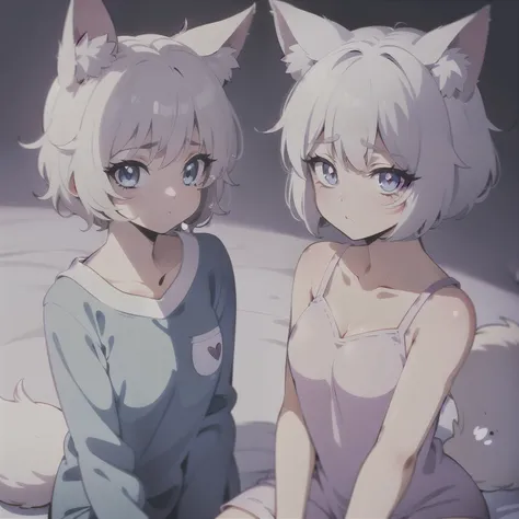 High quality, 1girl, ((((Candy Candy anime style)))), (wolf girl, wolf ears, wolf tail), animal ears, animal tail, ((((short hair)))), ((silver white hair)), hair clip, ((hair tap eye)), ((blue eyes)), long eyeslashes, eyeliner, (((small breasts, old pijam...