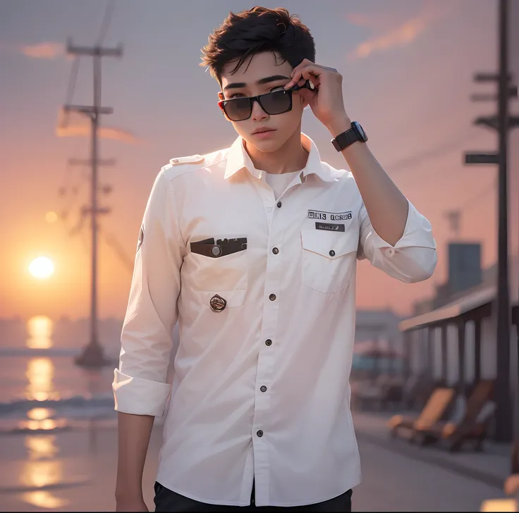 8k, AI, real face like original photo, ultra realistic face, 16 year teenager young boy with white shirt, back ground chenge sun set, high details, black sunglass