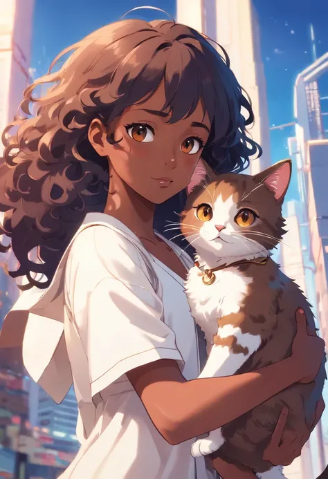 A young black-skinned woman with curly hair with brown eyes in a white outfit holding a cat in her arms