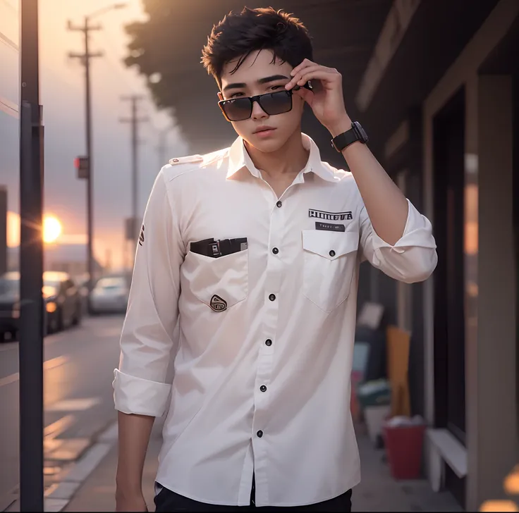 8k, AI, real face like original photo, ultra realistic face, 16 year teenager young boy with white shirt, back ground chenge sun set, high details, black sunglass