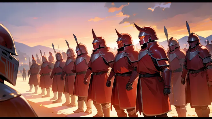 armored knight, red helmet, no visible face, red armor, in a village, sunset,a lot of warriors with red armors,marching in formation