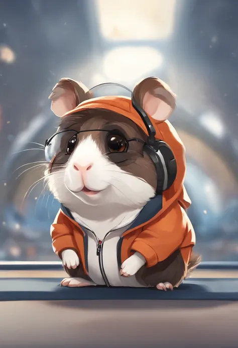 Perfect centering, Cute cavia, cute Guinea pig, Wear a student team jacket, Wearing sunglasses, Wearing headphones, cheerfulness, Standing position, Abstract beauty, Centered, Looking at the camera, Facing the camera, nearing perfection, Dynamic, Highly de...