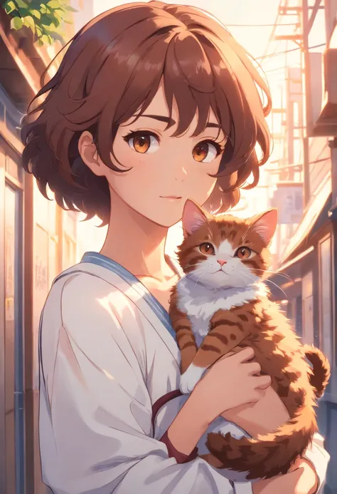 A young woman with curly hair with brown eyes in a white outfit holding a cat in her arms