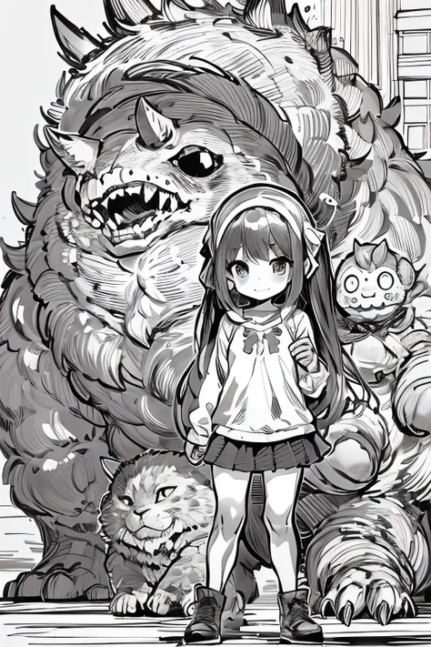 cute anime girl with her large monster protector and friend, holding the monsters hand, black and white line art