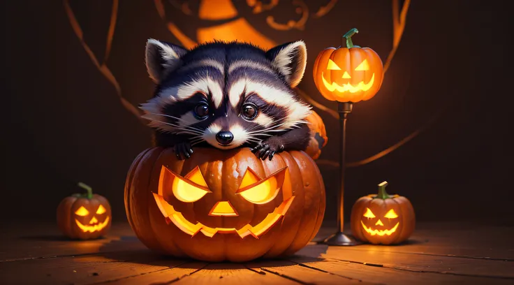 (a cute raccoon with a pumpkin lantern),illustration,highres,ultra-detailed,realistic:1.37,halloween theme,adorable creature,pumpkin carving,spooky night scene,vivid colors,fall foliage,moonlit background,traditional trick-or-treating,whimsical atmosphere。