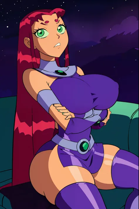 Teen titans, Starfire, anime, masterpiece, 1girl, ((bimbo))), green eyes, beautiful eyes, long red hair, wide hips, thick thigh, big breast, huge ass, shiny skin, purple skirt, purple top, sitting, serious face, looking up at the stars, purple shade night,