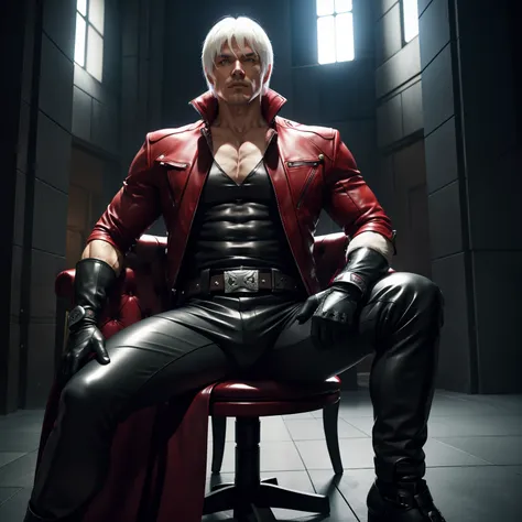 dante devil_may_cry male male_only sakimichan solo white_hair,big muscle,sit down,leather trousers,leather gloves,strong man