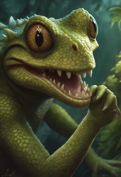 a close up of a cartoon character with a big smile, concept art by Andrew Ferez, behance contest winner, pop surrealism, award winning creature portrait, lizardfolk, full color illustration, anthropomorphic creature, humanoid turtle monster, dzo, epic full...