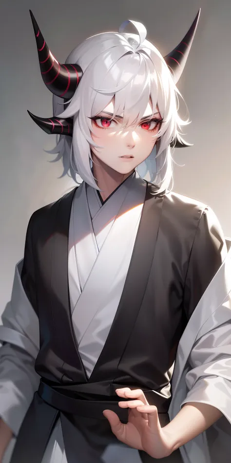 Two-dimensional handsome youth, male, with horns on the head, raised corners of the mouth, delicate face, perfect avatar, Serious look , HD big picture, Japanese manga style, colorful, color creative, side face, short white hair, white skin, Black aura, Re...