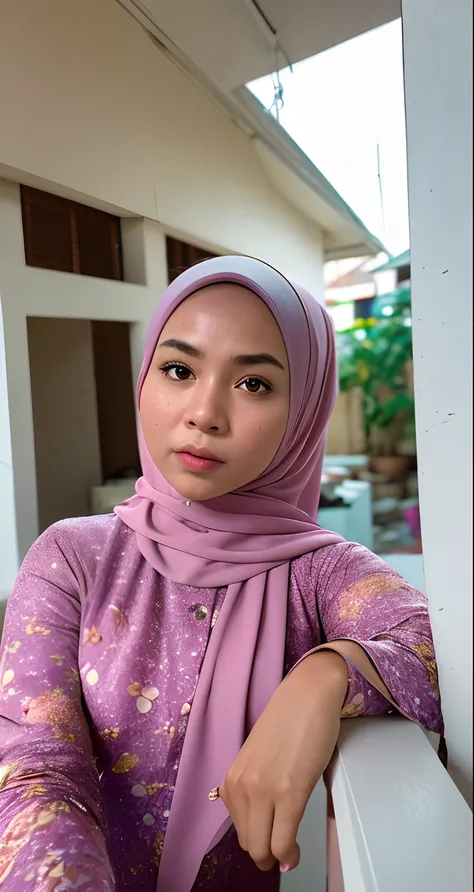 craft an outstanding portrait that celebrates the beauty and individuality of a malay girl in a lilac hijab and wear floral baju...