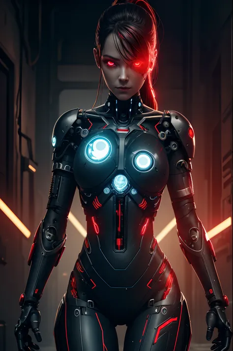 Cyborg Woman, gloweyes, mechanical body and head, wires on the head, lifeless look, Damage to the body, higly detailed, Realistic full-length photo, Color: Black and red