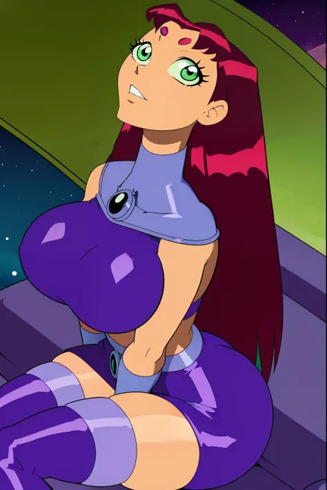 Teen titans, Starfire, anime, masterpiece, 1girl, ((bimbo))), green eyes, beautiful eyes, long red hair, wide hips, thick thigh, big breast, huge ass, shiny skin, purple skirt, purple top, sitting, looking up at the stars, purple shade night,