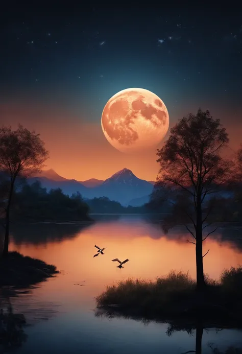 Very Starry Night. A huge moon behind the mountain. A tranquil lake reflects the night. The sunset is accompanied by flying cranes. Realistic scenes, detail, photorealism, 8k