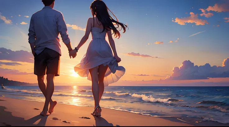 ((Best Quality, 8K, Masterpiece: 1.3)), A loving couple walking hand in hand on a beach at sunset, symbolizing romance and togetherness.