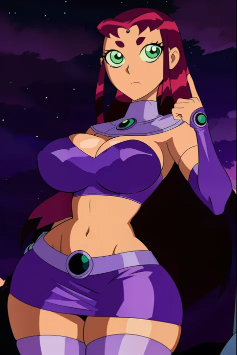 Teen titans, Starfire, anime, masterpiece, 1girl, ((bimbo))), green eyes, beautiful eyes, long red hair, wide hips, thick thigh, big breast, huge ass, shiny skin, purple skirt, purple top, posing in the air, stars purple shade night,