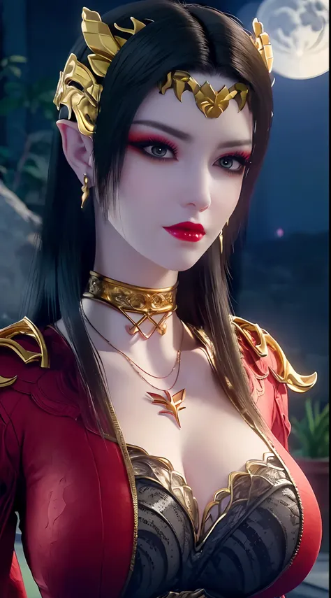 1 extremely beautiful queen, ((wears a red traditional Han costume with thin black patterns:1.6)), (((Patterns on clothes:1.6))), ((long black hair:1.6)), jewelry elaborately made from precious stones and beautiful hair, ((wearing a 24k gold lace necklace:...