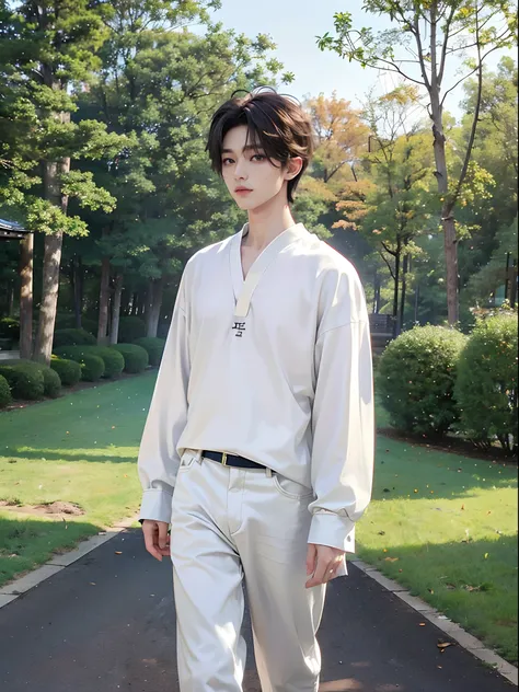 ​masterpiece、（top-quality)、((high-level image quality))、One Manly Boy、Slim body、((White Y-shirt and long black pants))、(Detailed beautiful eyes)、Walking together on the road at night、((short hair above the ears))、((Smaller face))、((Neutral face))、((Light b...