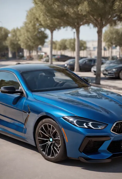 a close up of a blue 2024 BMW m8  car parked in a parking lot, hyper real render, 8 k cg render, angry 8 k, 8k render”, 8 k render, 8k render, wide body, hyper realistic style, in game style 8k, 8k octane 3d render, 8k in the style, 8k octane rendered, rea...