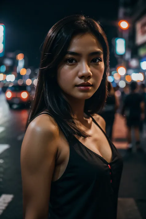 1girl, Jakarta street,night, cityscape,city lights, upper body,close-up, 8k, RAW photo, best quality, masterpiece,realistic, photo-realistic, --auto