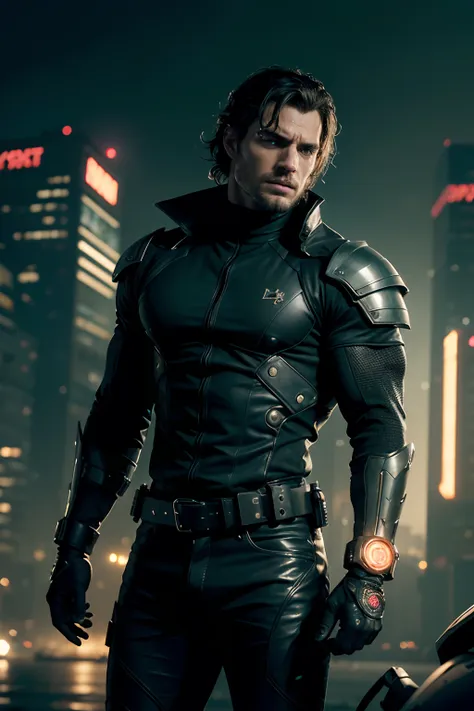 henry cavill as cyberpunk bounty hunter, arm with a cyberpunk weapon, glowing lights, (dynamic pose), (hyper realistic:1.4), (re...