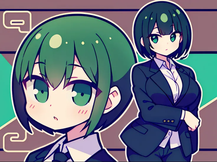 logo girl wearing a suit, greenish black short hair in a Japanese car