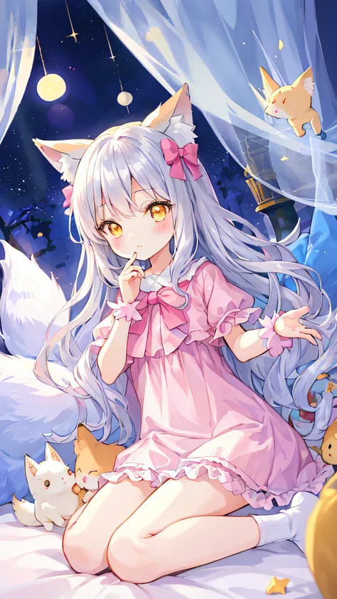 Beautiful illustration、top-quality、Cute little girl s、Bedroom、PastelColors、Fluffy fox ears、小柄、Silver long hair、Stuffed fox、Bright lighting、Bright Golden Eyes、