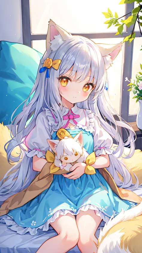 Beautiful illustration、top-quality、Cute little girl s、Bedroom、PastelColors、Fluffy fox ears、小柄、Silver long hair、Stuffed fox、Bright lighting、Bright Golden Eyes、