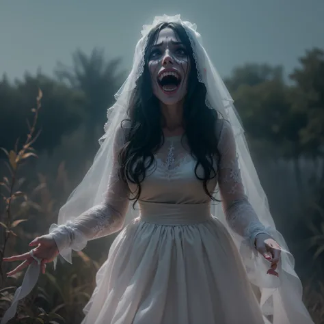 the ghost of la llorona, wearing white wedding dress, malevolent smile, revealing sharp, menacing teeth, capturando a natureza sombria e distorcida do personagem, Ultra realismo, color field printing, High detail, UHD, 8k, anatomicamente correto, cinematic...